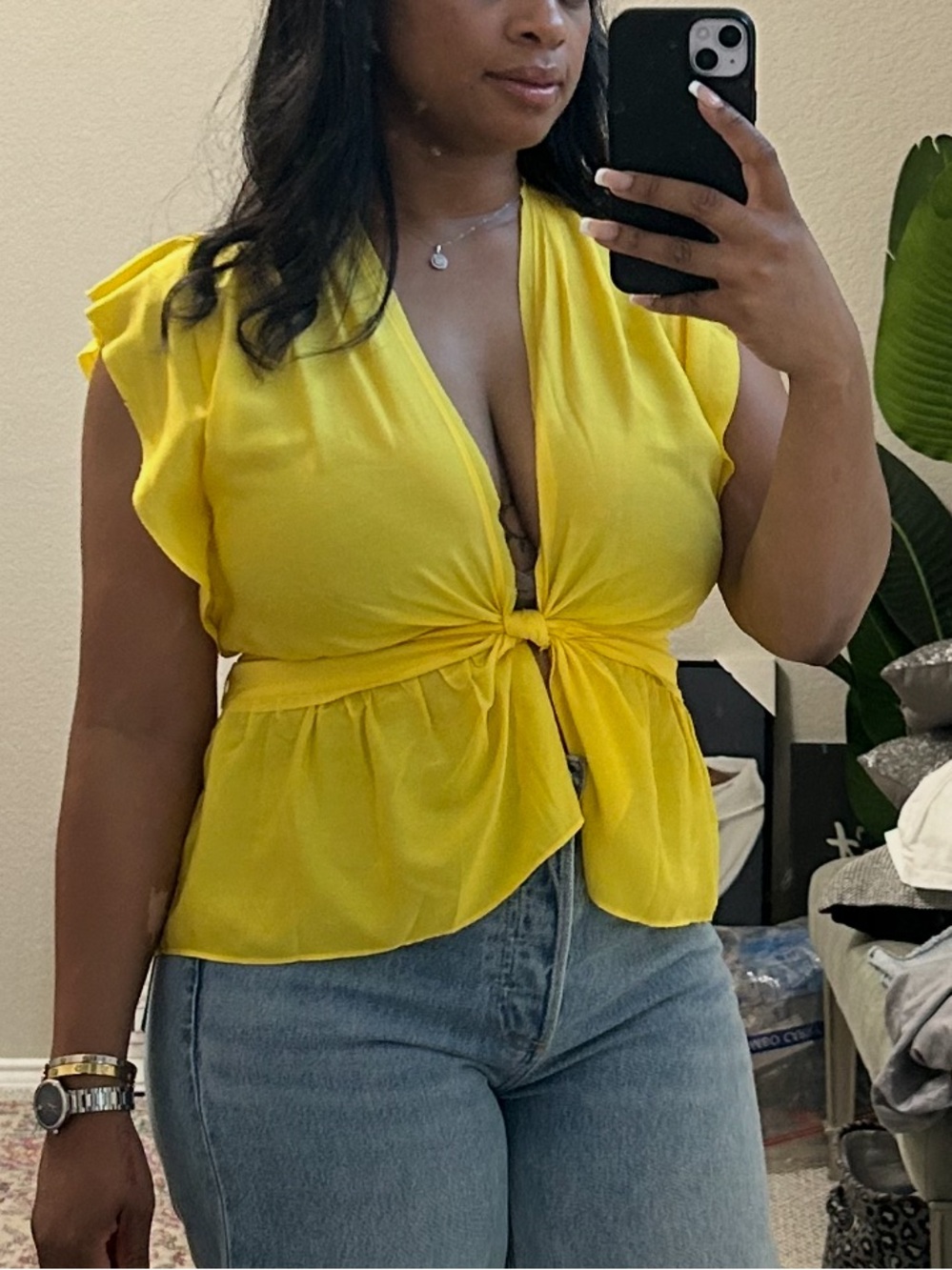 Joie Ashlele Tie‑Waist Wrap Top — Empire Yellow, Size L, Gently Worn